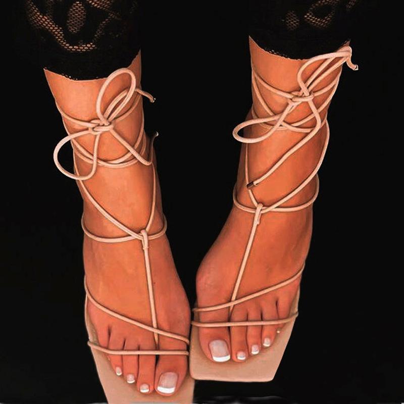 Women square open toe strappy lace up chunky high heels