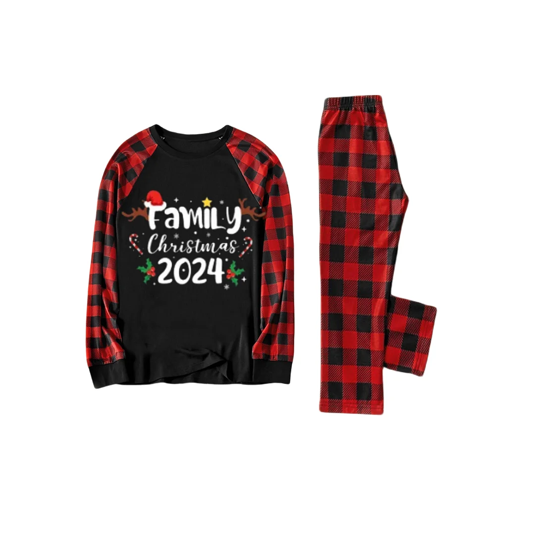 Christmas Pattern and "2024 Family Christmas" Text Print Black & Red Plaid Christmas Matching Pajamas