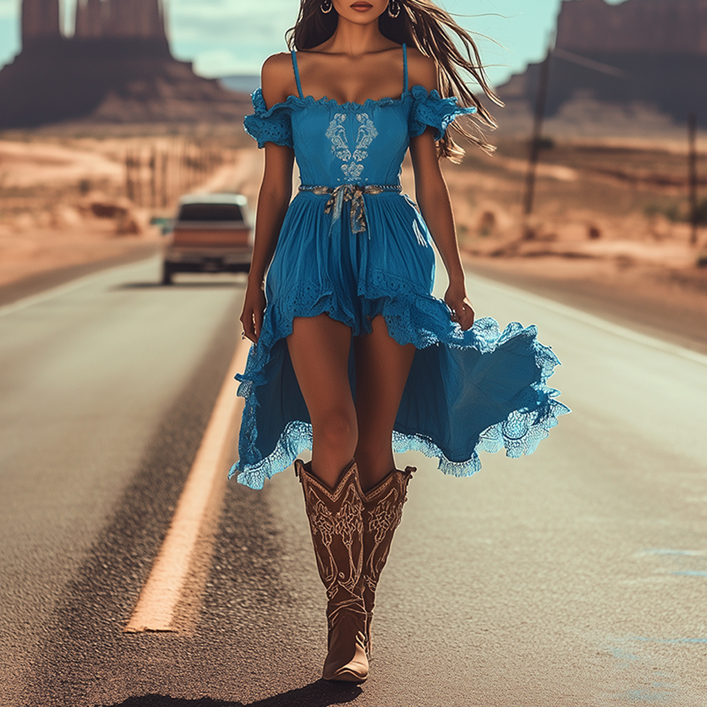 Women's Western Cowboy Bohemian Blue Off-Shoulder Dress