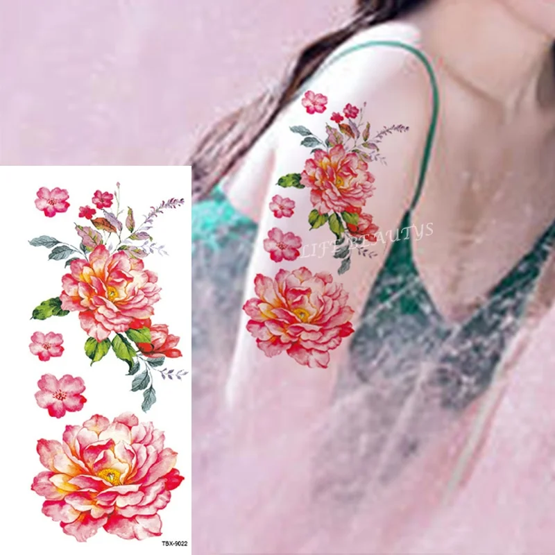 Sdrawing Temporary Flower Tattoos Women Fashion Beauty Rose Butterfly Flash 3D Fake Tattoo Arm Sleeve Pink Blue Sticker Girl