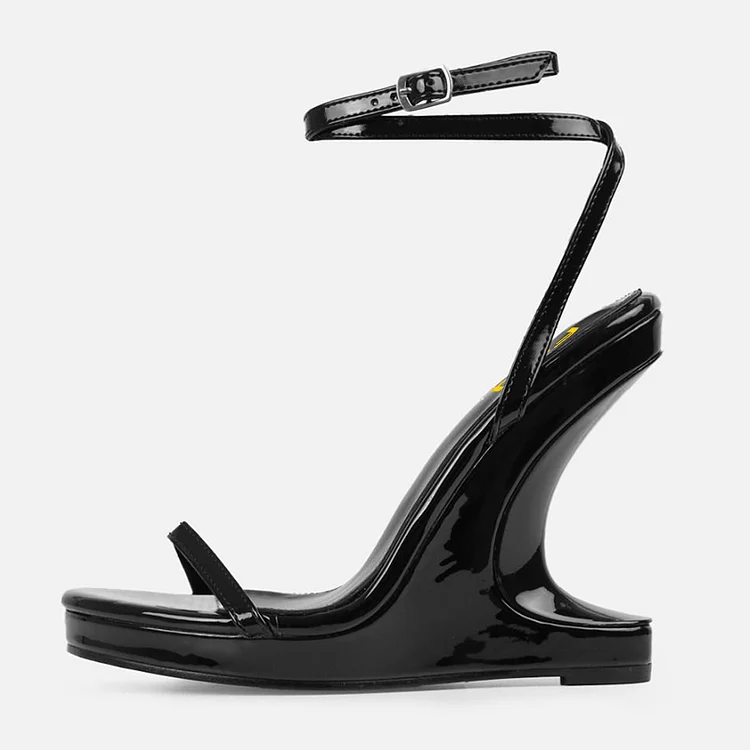 Black Patent Wedge Shoes Women's Ankle Strap Heels Sexy Sandals |FSJ Shoes