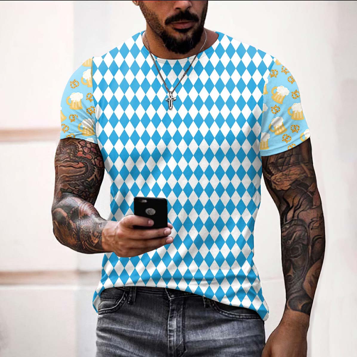 Comstylish Vintage Oktoberfest Beer Party Flag Colors Pattern Graphic Round Neck Casual T-Shirt