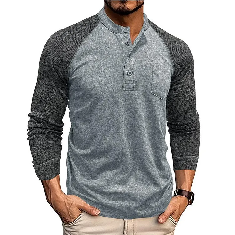 Men's Casual Contrast Color Henley Collar Slim Fit Long Sleeve T-Shirt