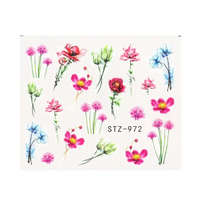 Nail Stickers Water Transfer Multiple Colors Ink Flower Leafs Designs Nail Decal Decoration Tips For Beauty Salons-Nail Inspo