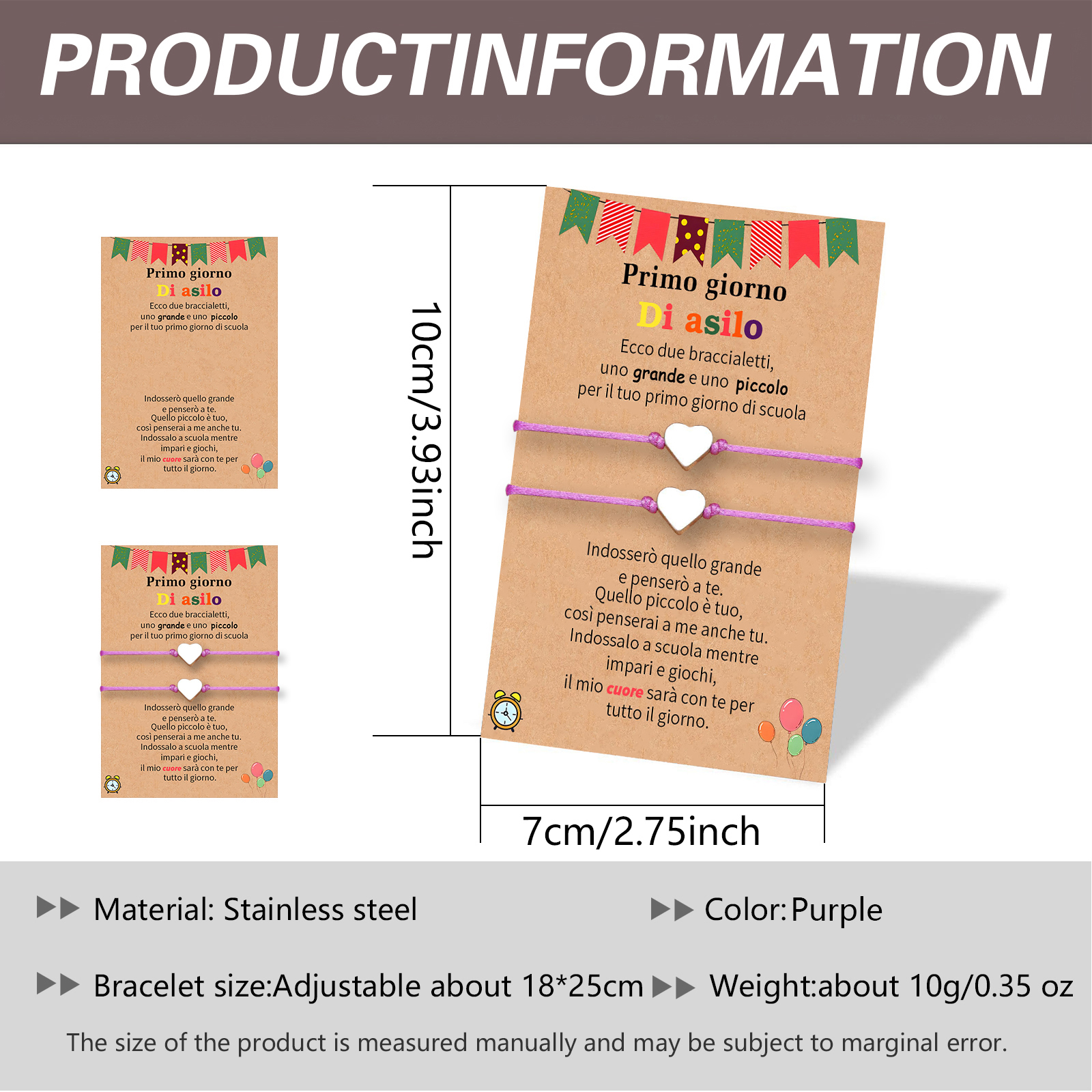 2PCS Braccialetto cuore regorabile regalo per bambina con carta