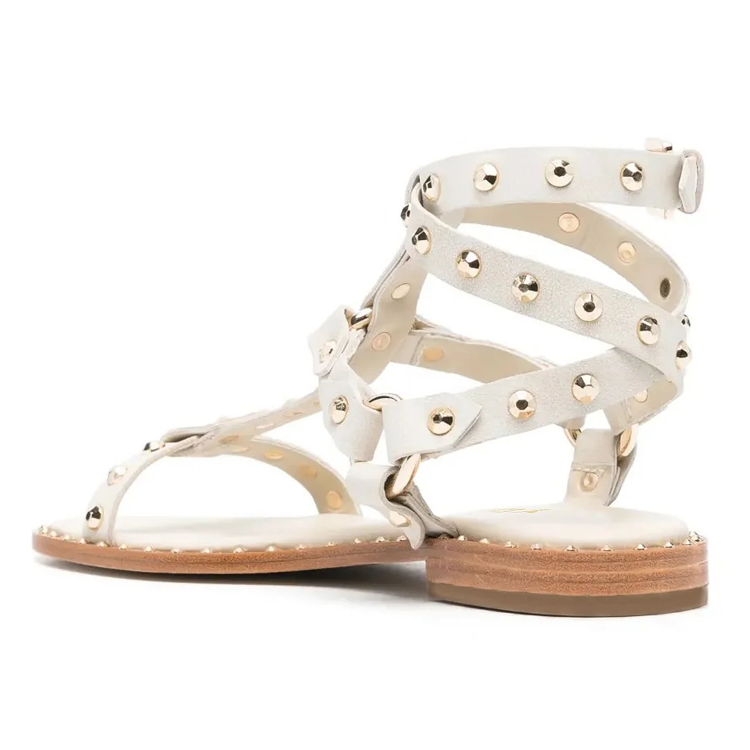 White Faux Leather Flat Studded Cross Strap Gladiator Sandals