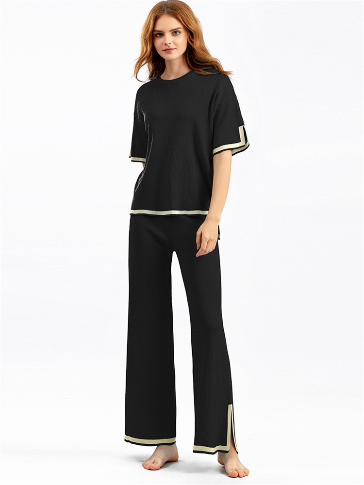 Ootddress Contrast Knit Trousers 2 Piece-Set Female Slim Patchwork Loose Casual Streetwear Pullover And Wide Leg Women's Pants Sets