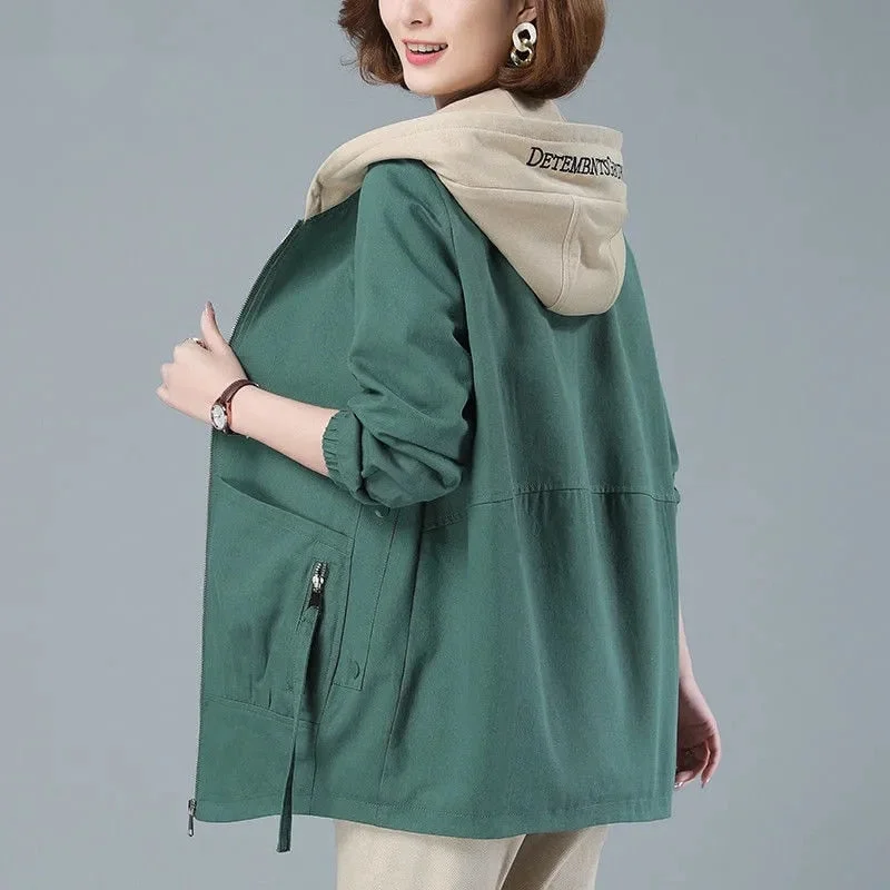 Windbreaker Female New Spring Autumn Jacket Loose Plus Size 4XL Women Hooded Outerwear Casual Tops Coats Women's Clothing AH693