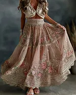 Women's Romantic Vacation Floral Roses Art Linen Blend Casual Skirt - Image 2