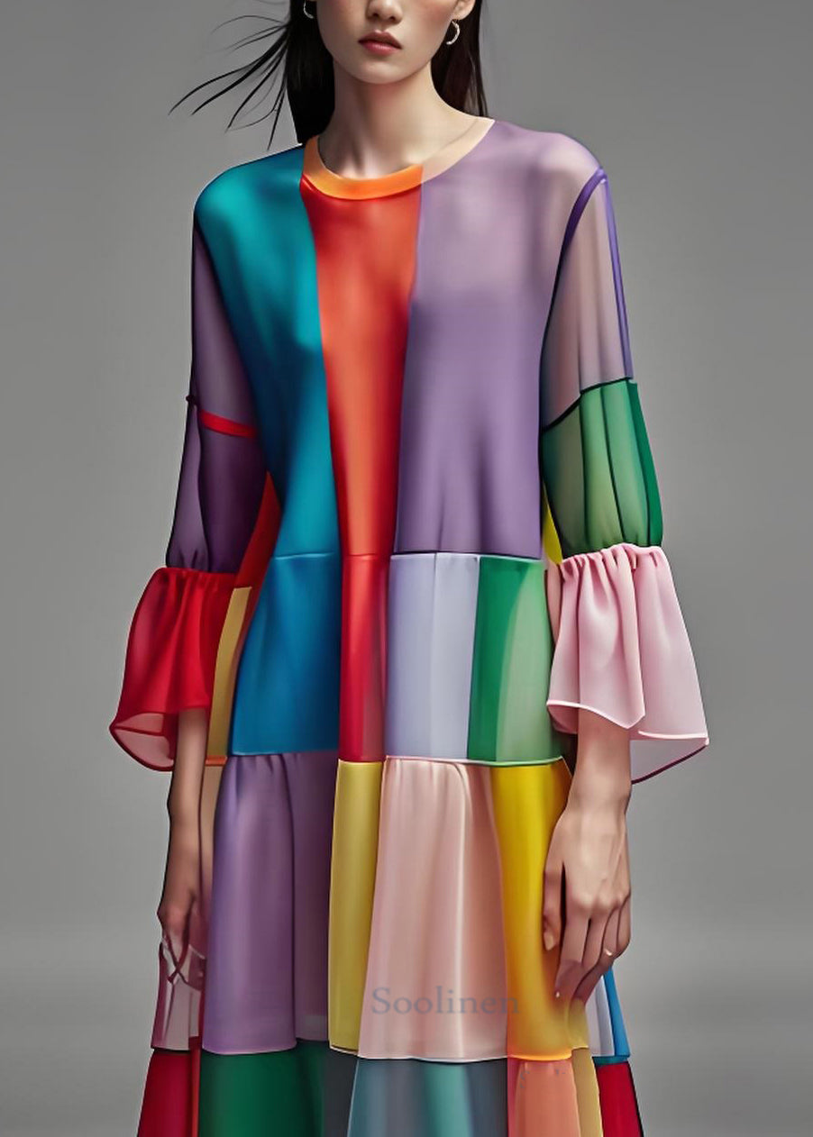 VCSHOES O Neck Wrinkled Patchwork Chiffon Dresses Summer