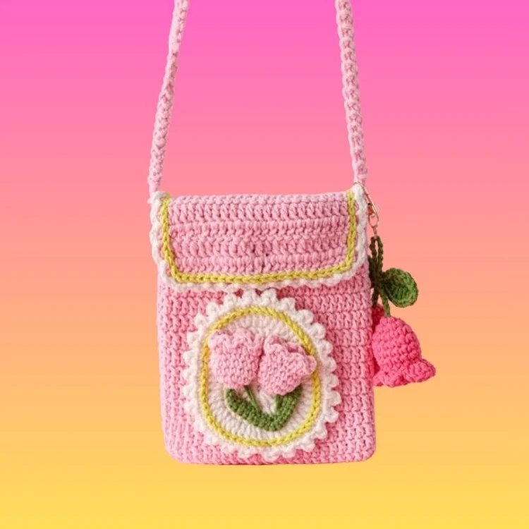 Lulusnow Handmade Pink Lily Of The Valley Flower Bell Orchid Crochet Phone Bag