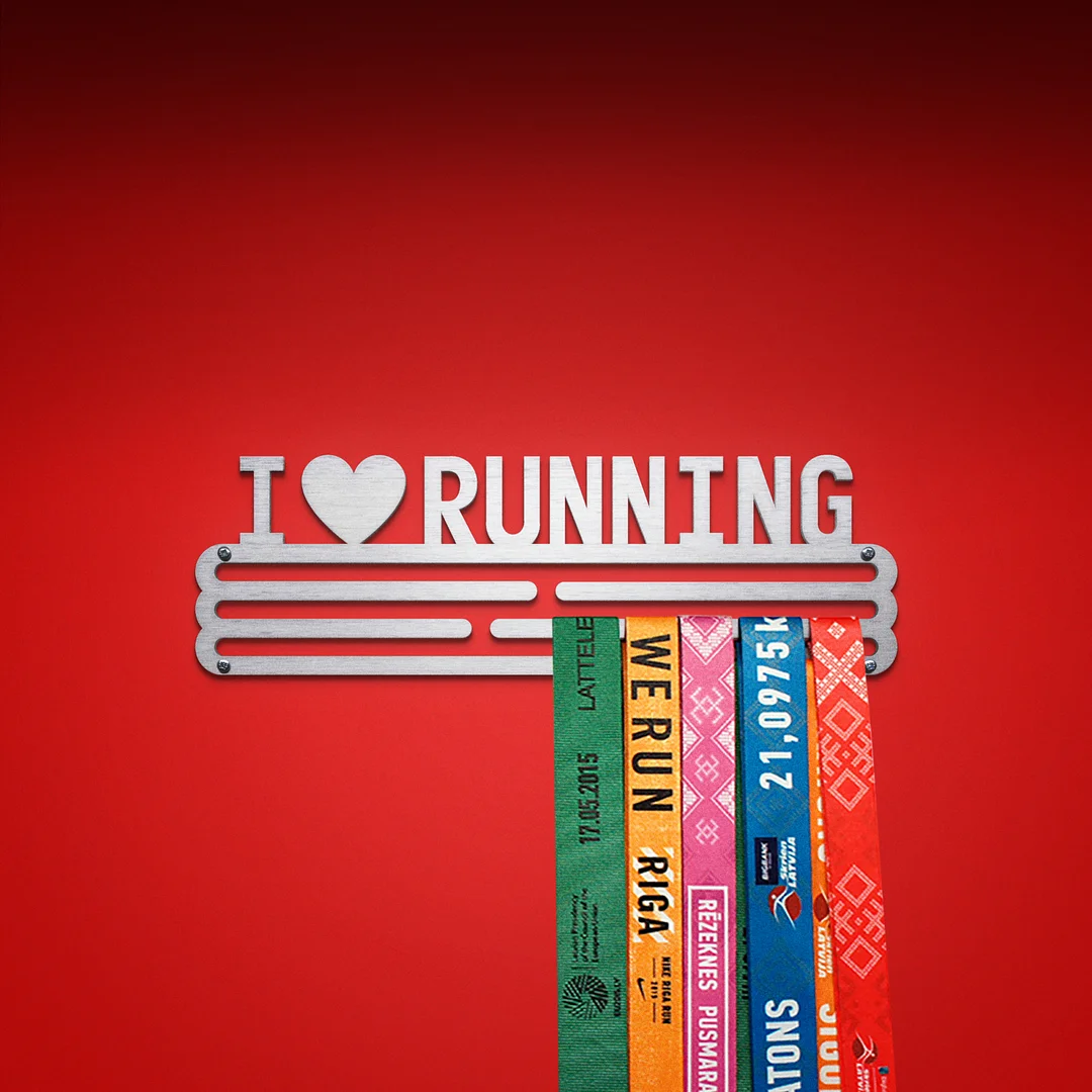 I LOVE RUNNING Medal Hanger Display – Brushed Stainless Steel – Medium / 300mm / 30 Medals
