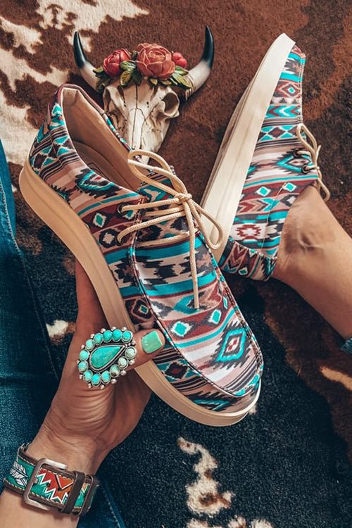 Aztec Lace-up Canvas Flat Sneakers