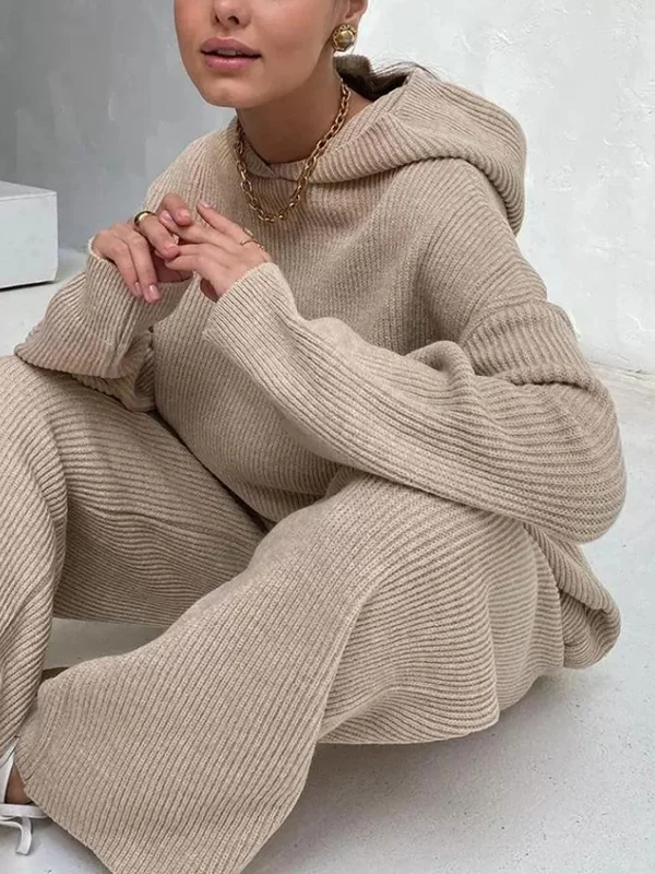 Loose Solid Color Hooded Long Sleeves Round-Neck Sweater Top + Drawstring Pants Bottom Two Pieces Set