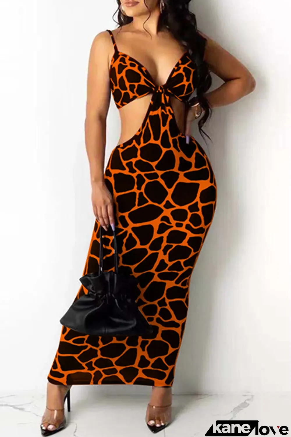 Orange Fashion Sexy Print Backless Spaghetti Strap Sleeveless Dress