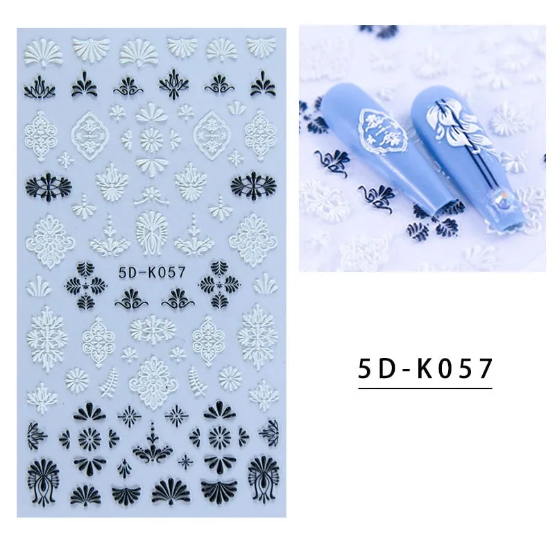 5D Butterfly Nail Sticker Engraved White Flower Sliders Embossed Lace Wedding Nail Art Design Monogram Decals Manicure Tools-Nail Inspo