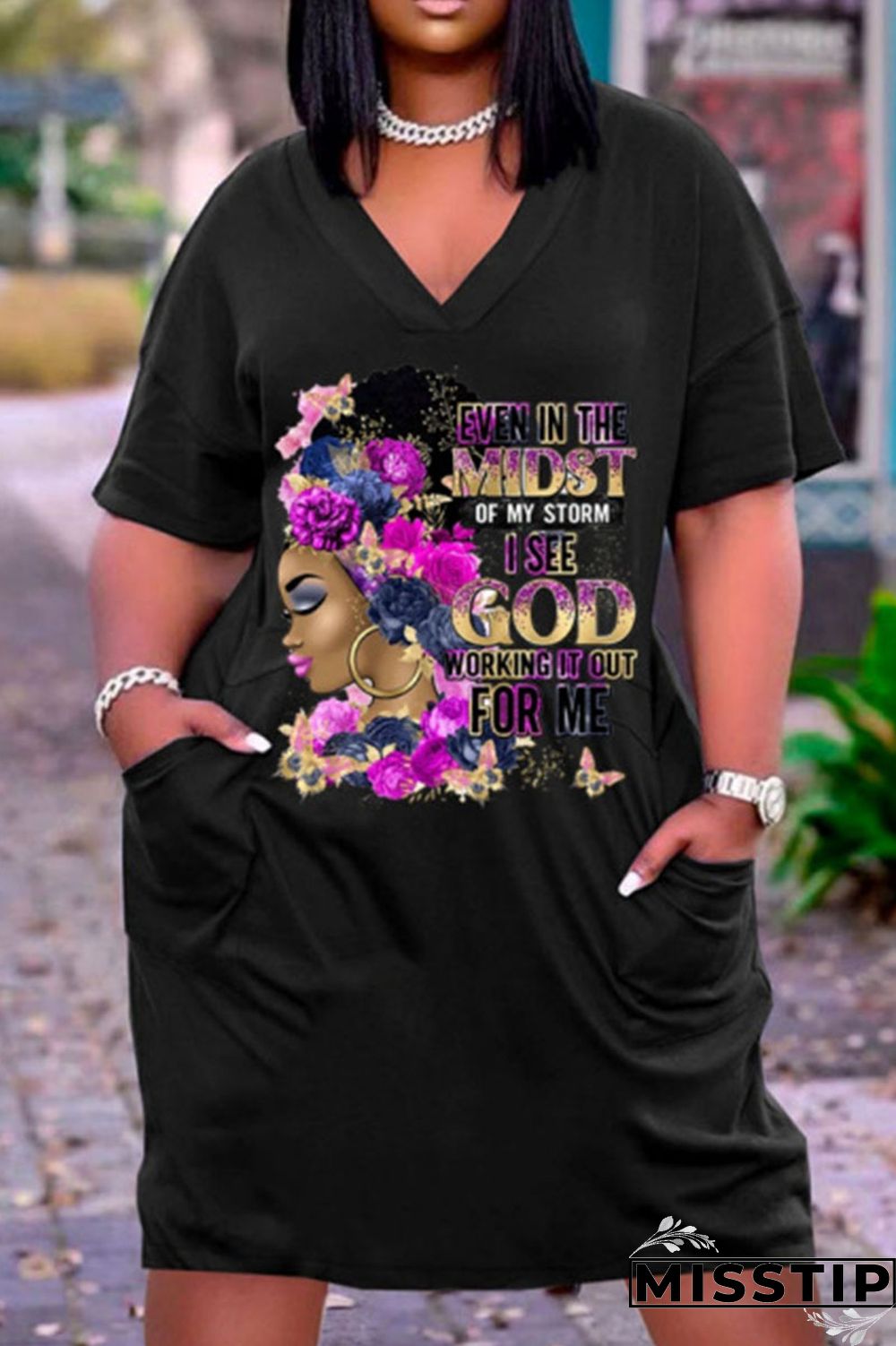 White Rose Red Casual Print Patchwork V Neck Straight Dresses