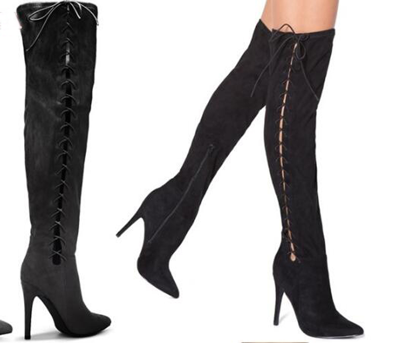 VCSHOES Women Pointed Toe Suede Leather Over Knee Gladiator Boots Cut-out High Heel Long Boots