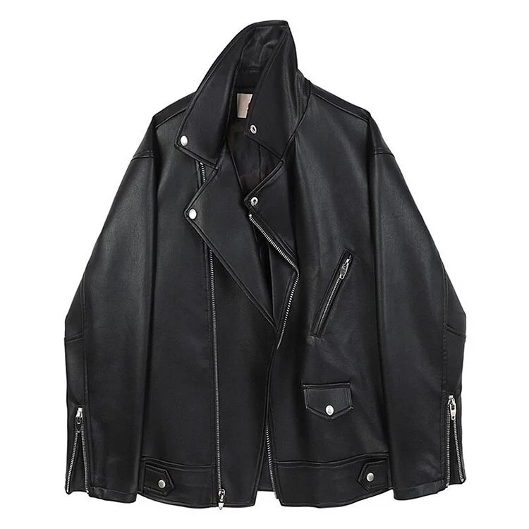 Modern Loose Solid Color Notched Collar Long Sleeve Zip-up Pu Leather Jacket   