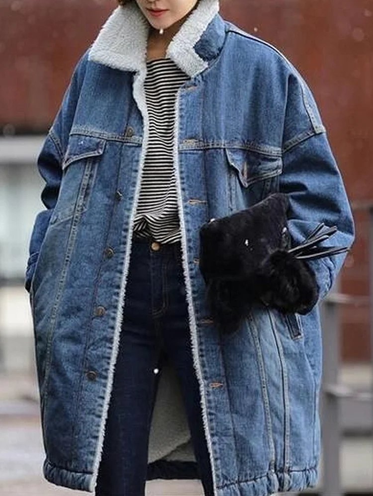 Daily Turndown Collar Single Breasted Thickened Fleece Denim Coat