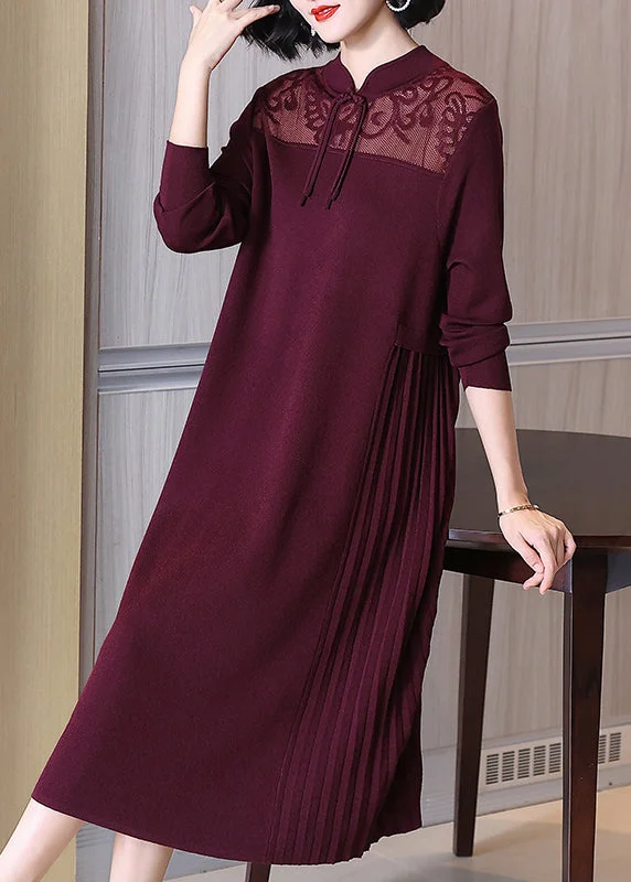 Elegant Wine Red Stand Collar Button Cotton Knit Dresses Spring