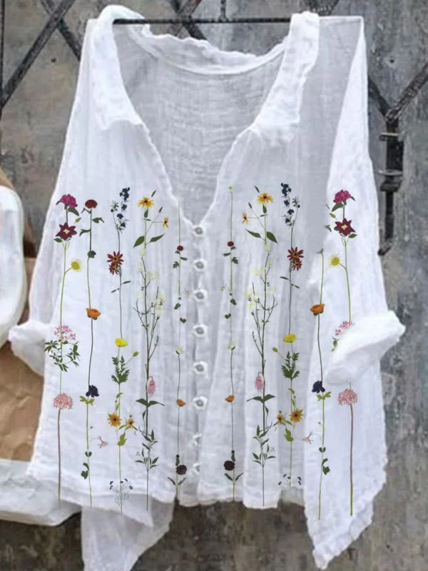 Women Floral Print Loose Long-sleeved Fashion Blouse