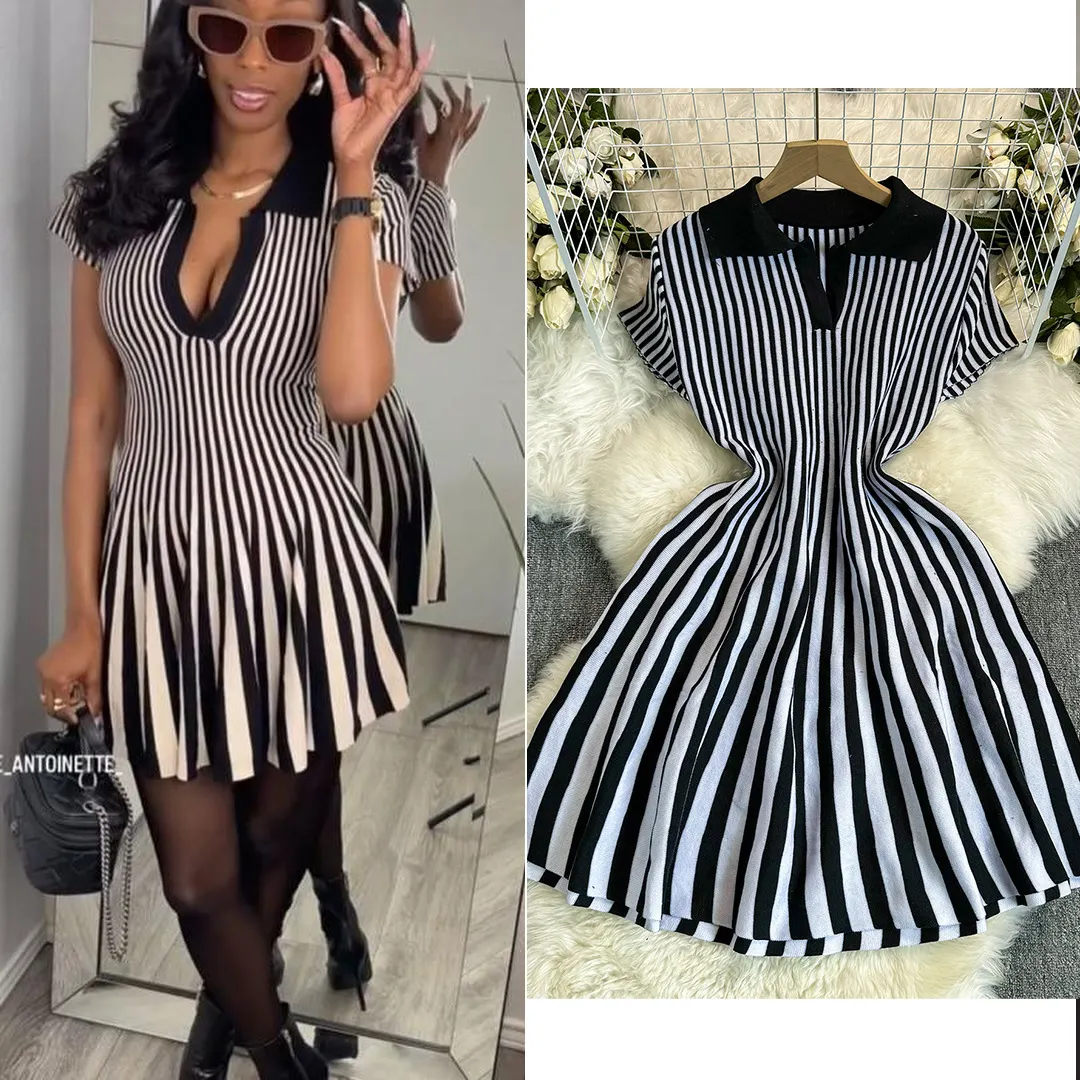 Churchf Churchf Retro-Necked Short-Sleeved Striped Knitted Dress Female Waist Temperament Thin A-Word Dress