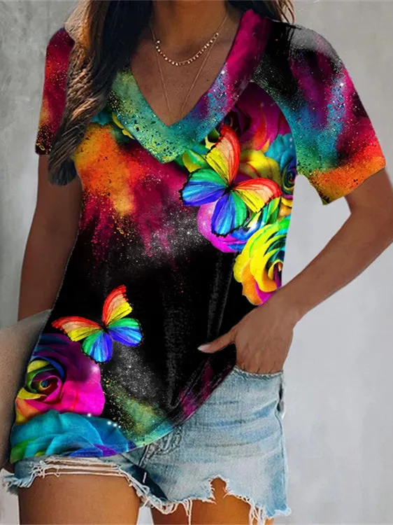 Women's Floral Printed Short Sleeve V-neck T-shirt Top