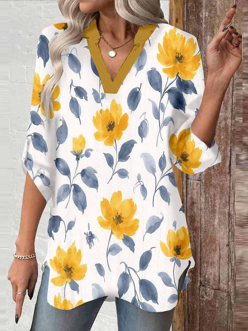 Women Floral, Yellow, Blue DZGA0337 3/4 Sleeve V-neck Printed Graphic Button Tops