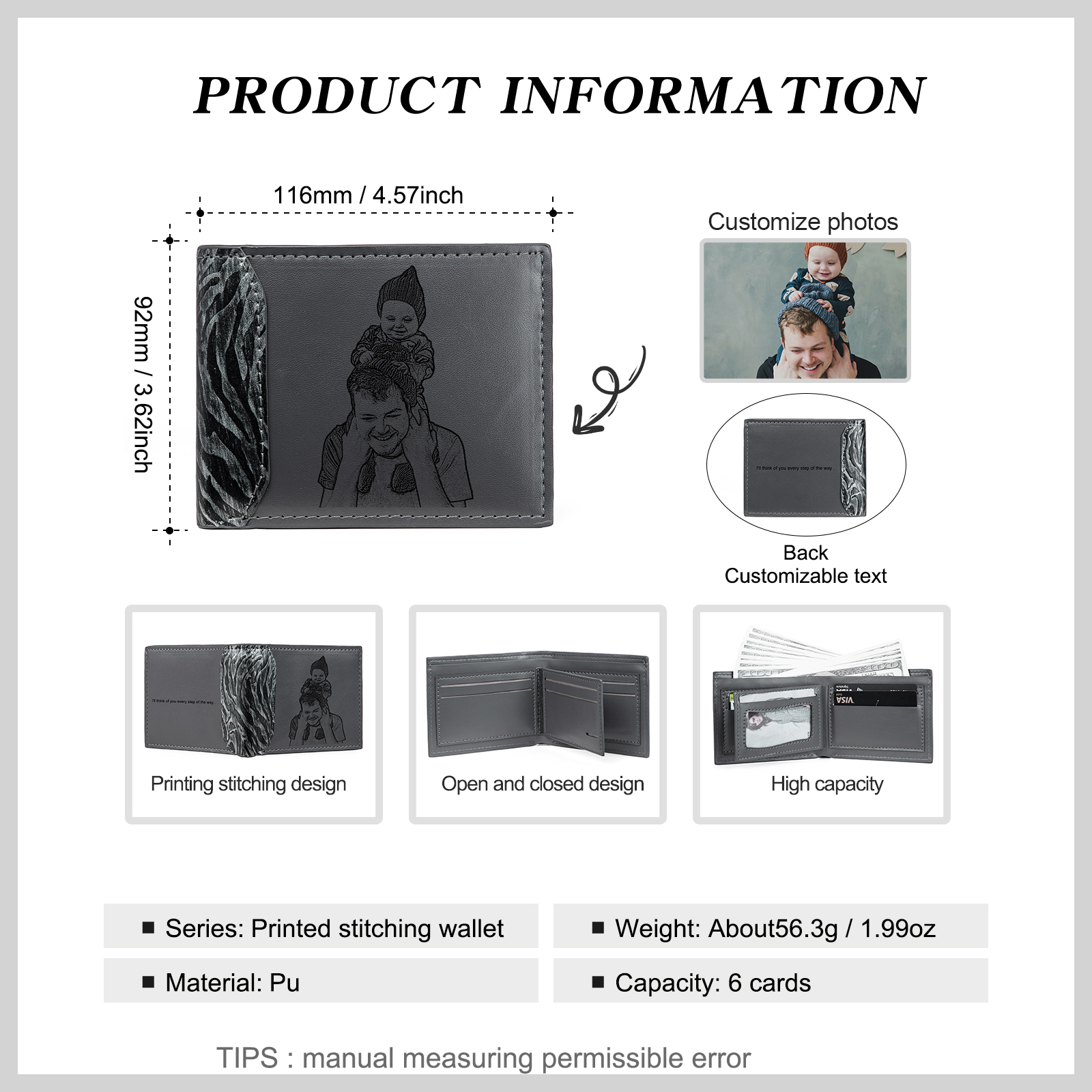 Personalised Photo & Text Billfold Wallet Custom Leather Wallet with RFID Blocking Gift for Men-Jessemade AU