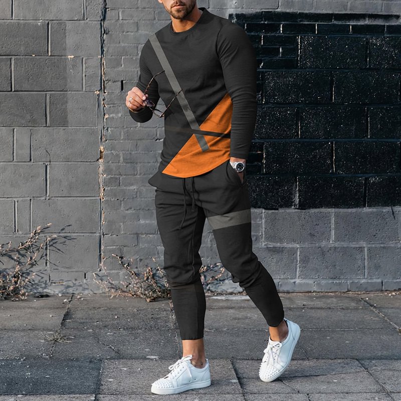 Men's Color Blocking Long Sleeve T-Shirt And Pants Co-Ord