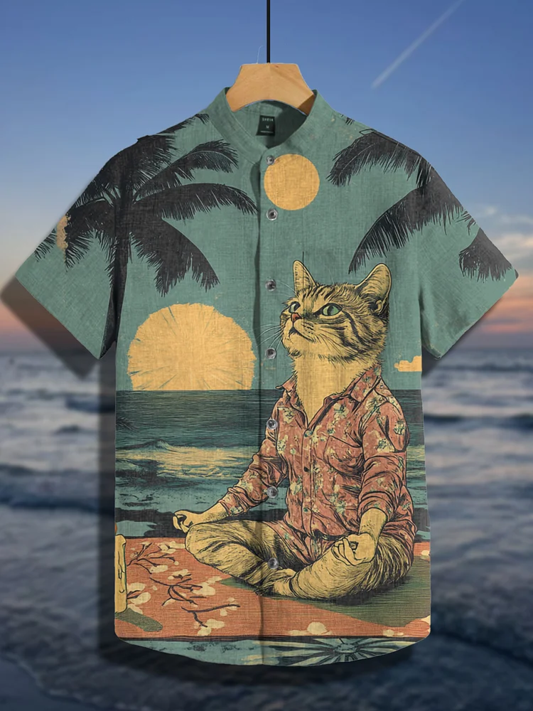 Men's Yoga Cat Meditation Art Print Short Sleeve Shirt