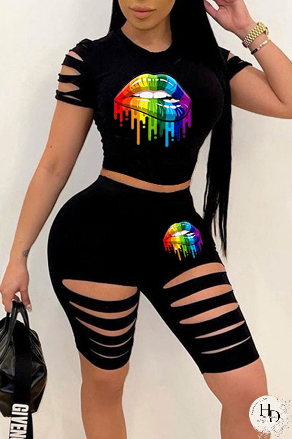 Red Casual Sportswear Print Hollowed Out Split Joint O Neck Short Sleeve Two Pieces