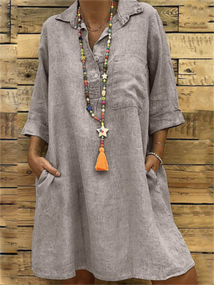 Women's Explosive Large Size Seven-quarter Sleeve Shirt Collar Solid Color Dress Polo Collar Linen Dresses