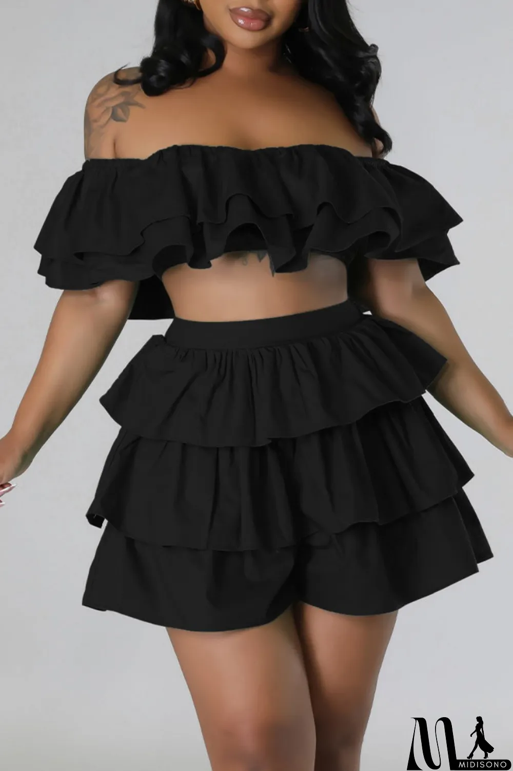 MidiSono - Rose Red Sexy Casual Solid Patchwork Backless Off the Shoulder Short Sleeve Two Pieces