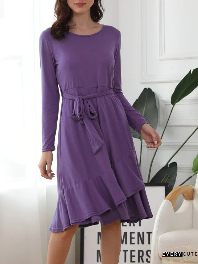 Dresses Solid Tie Crew Neck Long Sleeve Ruffle Dress for Women
