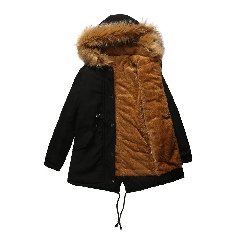 Women's Mid-length Hooded Fur Collar Warm And Fleece Coat