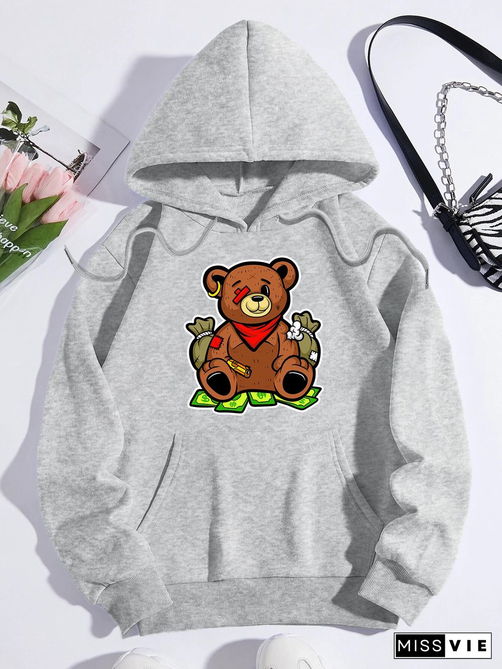 Printed on front Kangaroo Pocket Hoodie Long Sleeve for Women Pattern One-eyed bear and US dollar