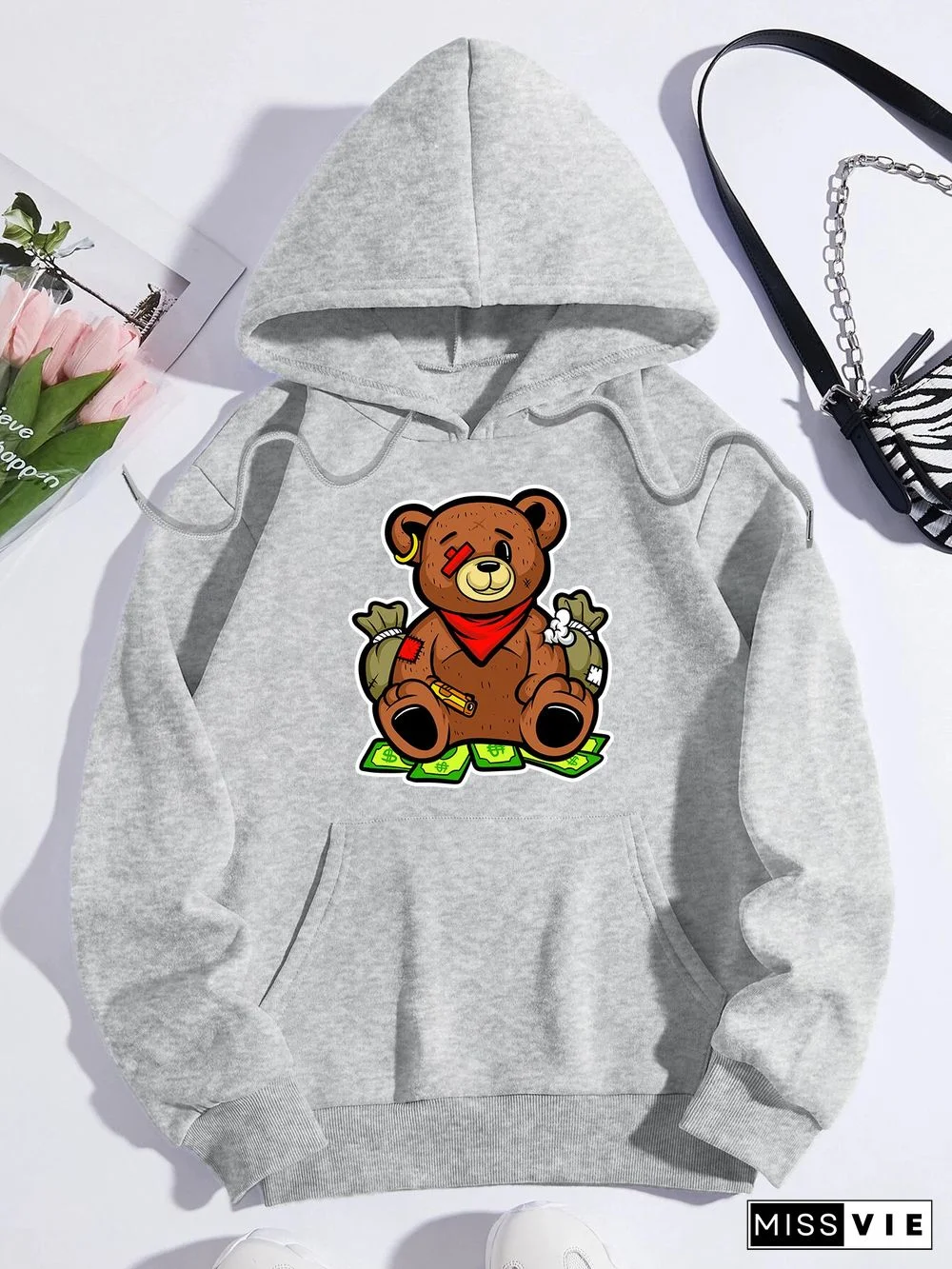 Printed on front Kangaroo Pocket Hoodie Long Sleeve for Women Pattern One-eyed bear and US dollar
