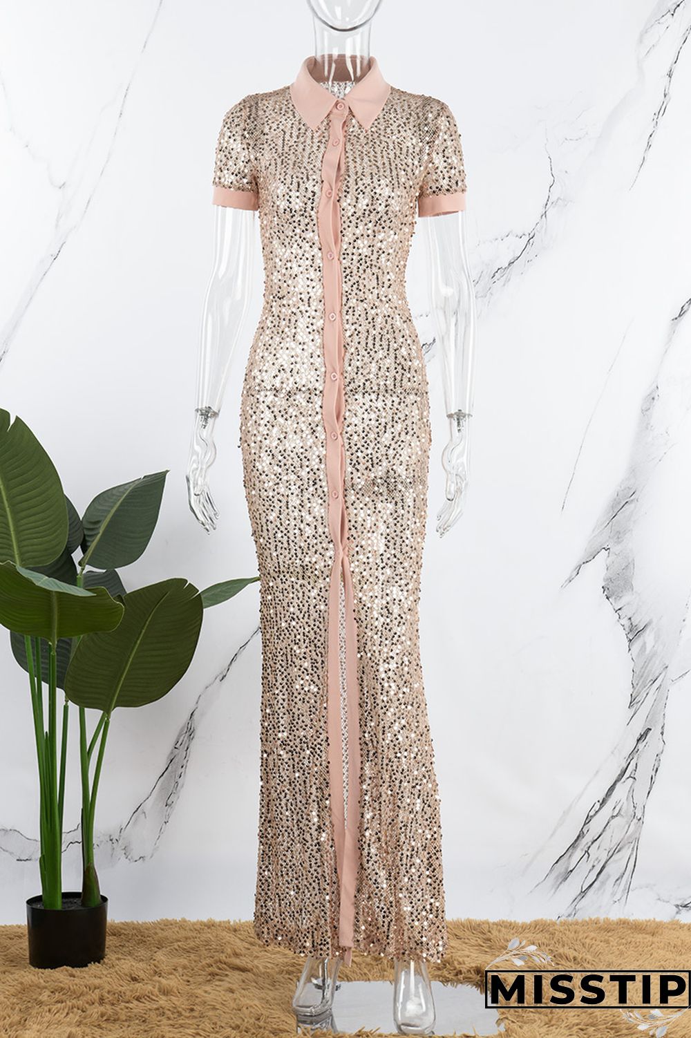 Champagne Sexy Patchwork Sequins Slit Turndown Collar Short Sleeve Dress Dresses