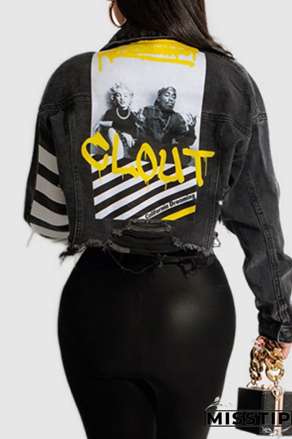 Blue Orange Street Print Make Old Patchwork Buckle Turndown Collar Long Sleeve Straight Denim Jacket