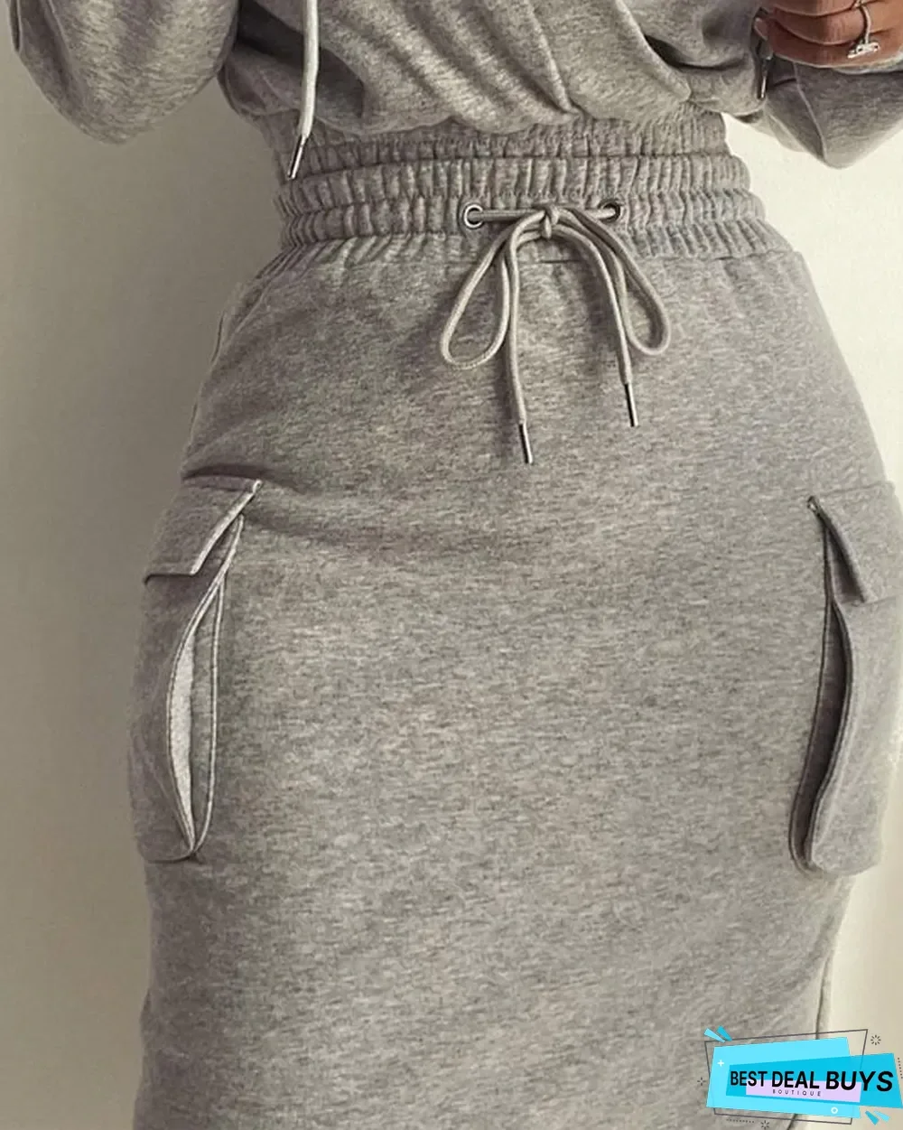 Flap Detail Drawstring Waist Hooded Sweatshirt Dress
