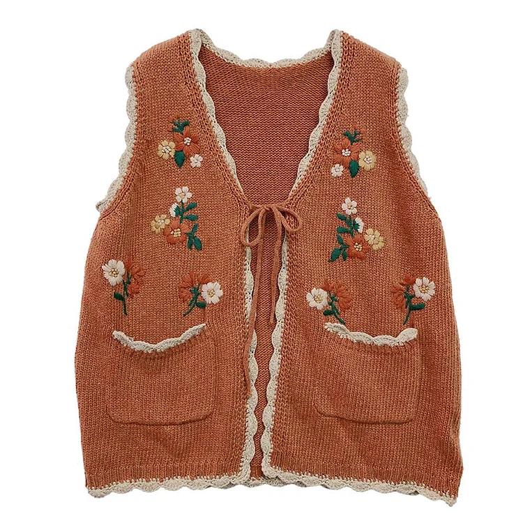 Queenfunky cottagecore style Cute Floral Embroidered Knitted Vest QueenFunky