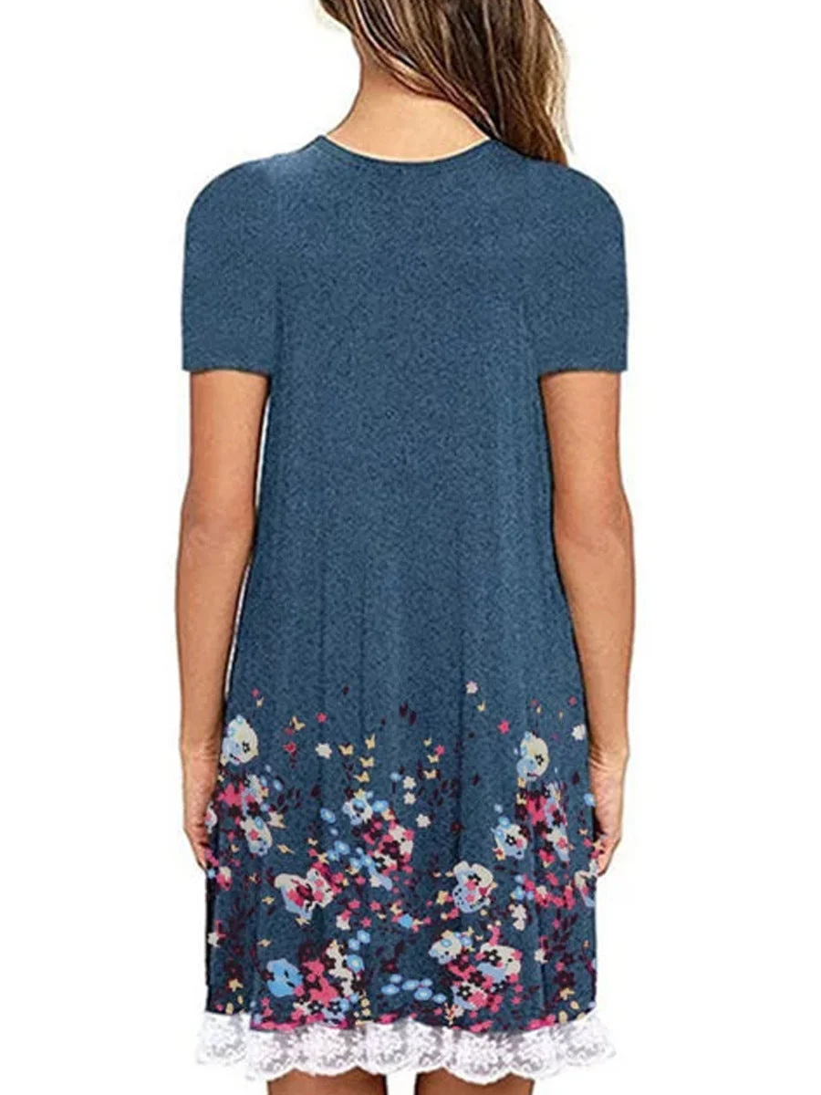 Lace Panel Round Neck Short Sleeve Print Dress