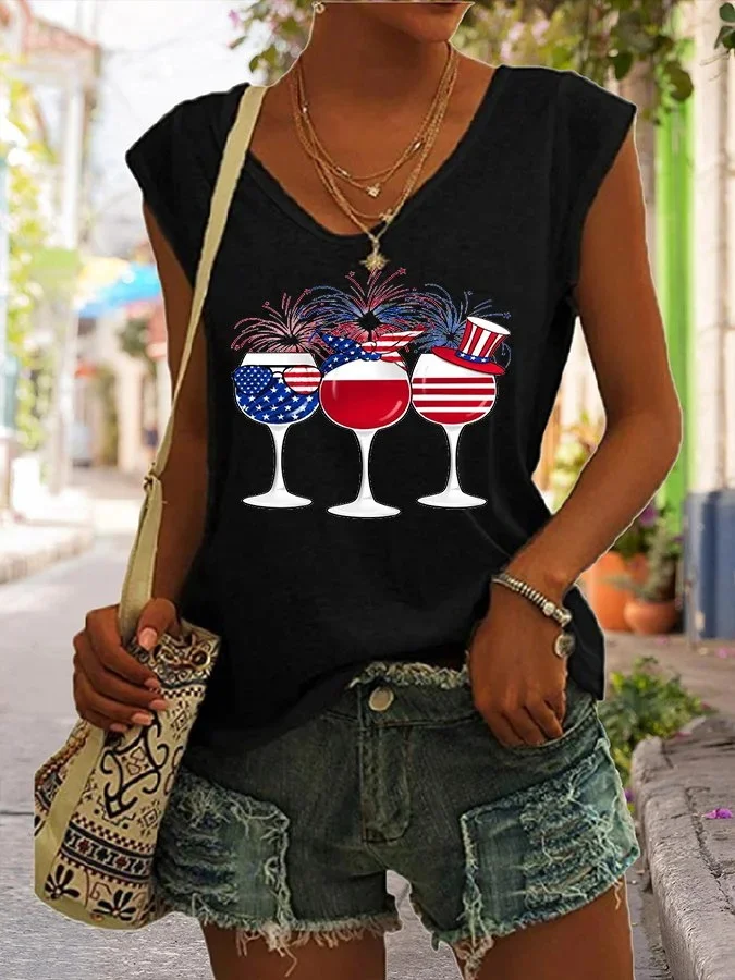 Wine Glass Independence Day Print Women's Vest