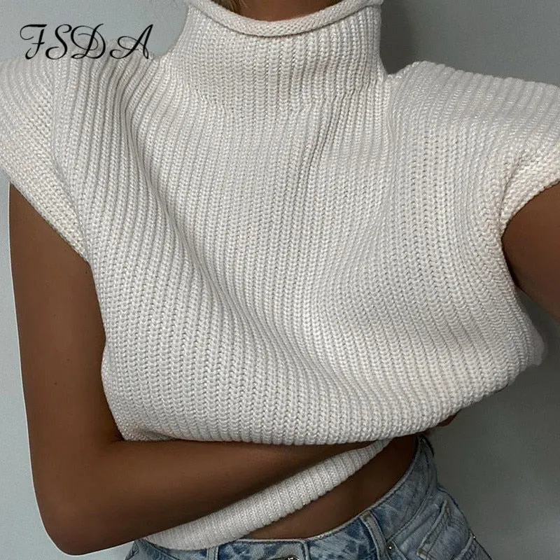 FSDA Turtleneck Sleeveless Vest Sweater Women 2020 With Shoulder Pads Knitted Pullover Autumn Winter Jumper Casual Tops Fashion
