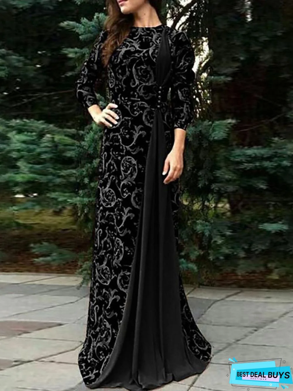 Women's Maxi Long Dress - 3/4 Length Sleeve Paisley Patchwork Print Fall Winter Plus Size Hot Elegant Black Blue Red Brown