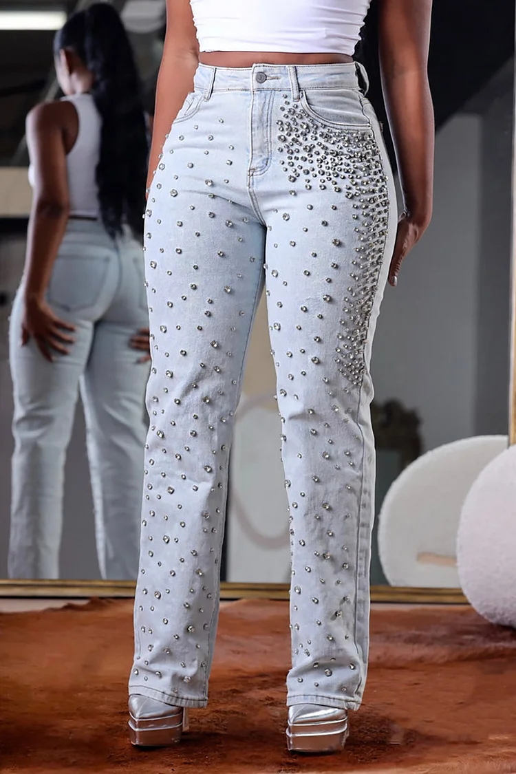 Plus Size Daily Jean Light Blue High Waist Drilling Denim Jean [Pre-Order]