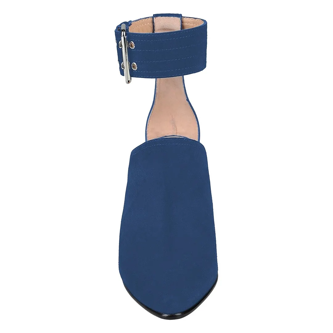 Blue Vegan Suede Ankle Strap Mid Block Heel Pumps for Women