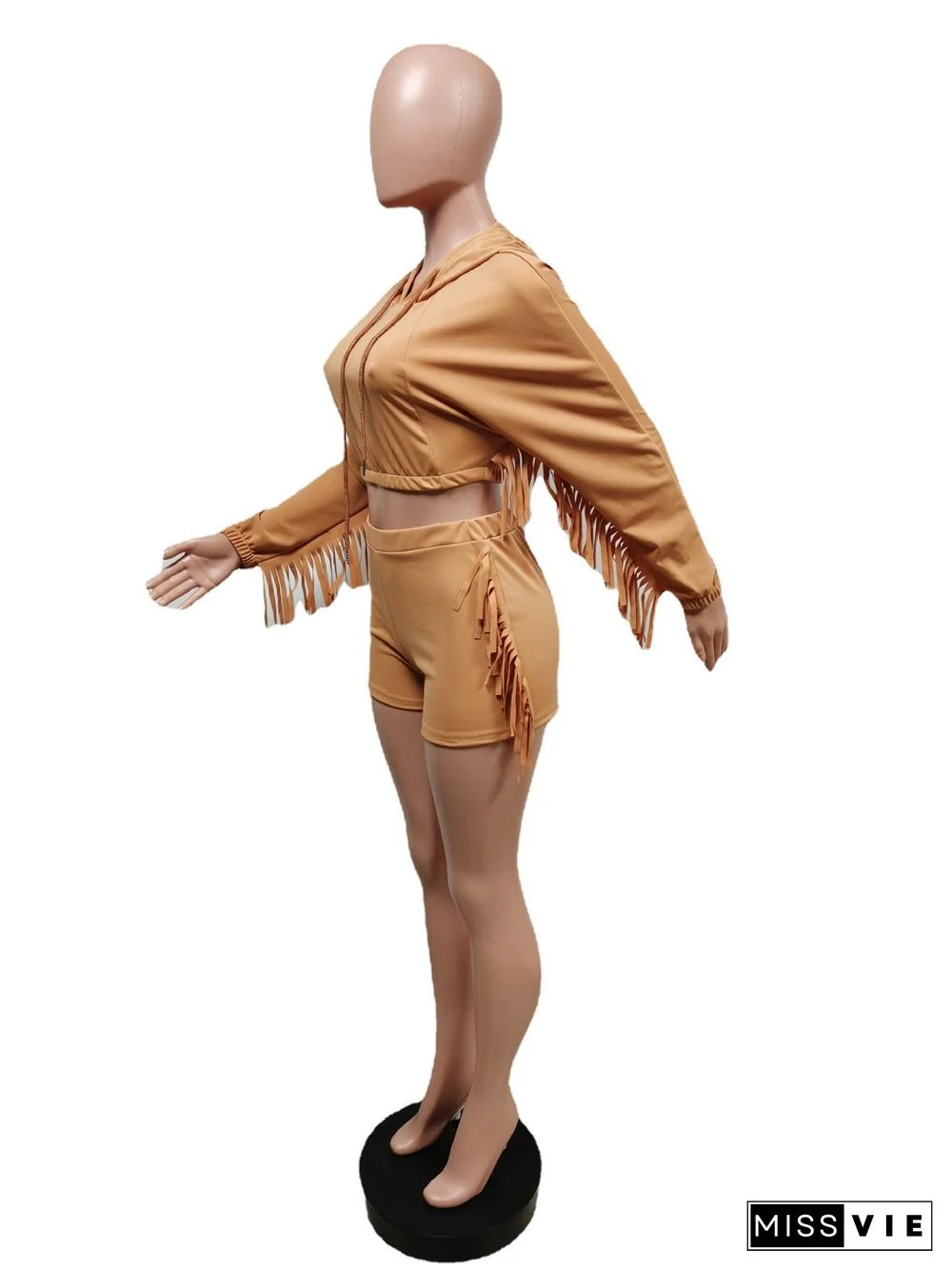 Tassel Hooded Crop Top+Bike Shorts Sets